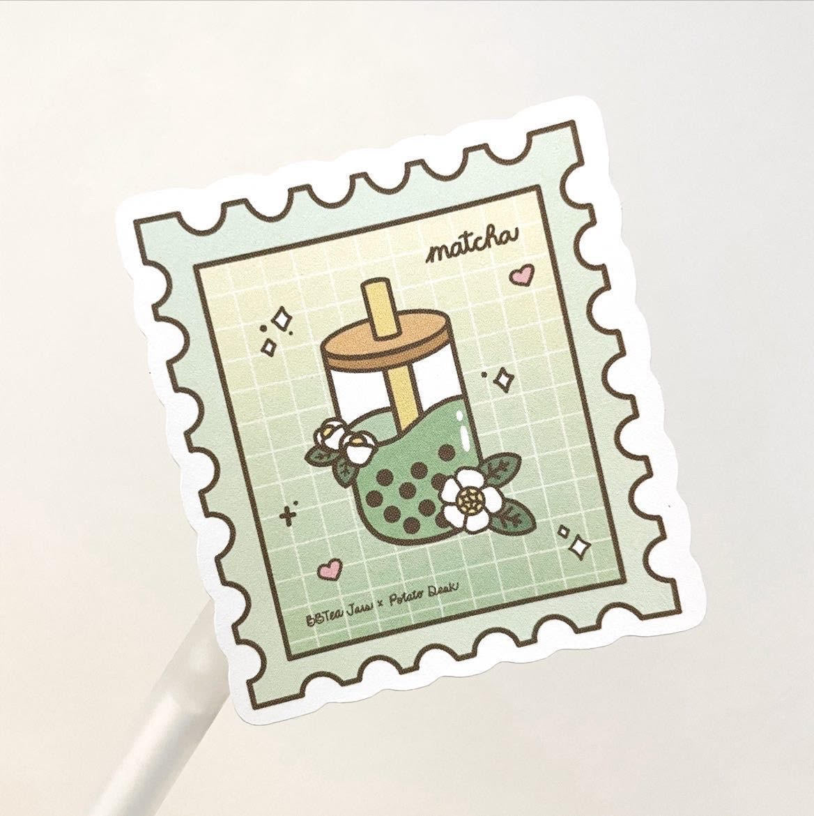 Boba Stamp Sticker Sheet, Matcha/Jasmine Rose/Jasmine Oolong/Rainboba/Earl Grey/Hojicha