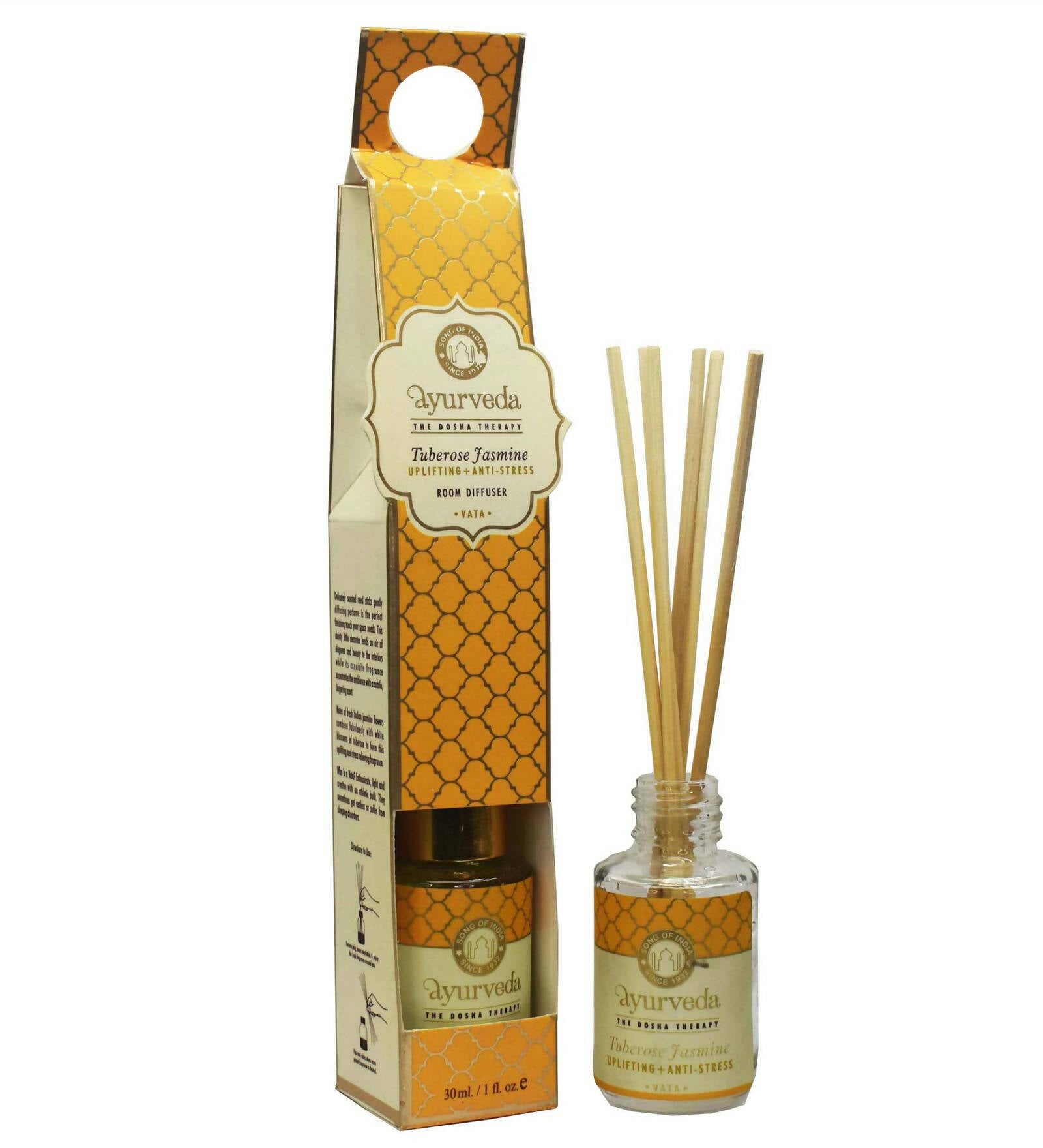 Song of India Luxurious Veda Reed Diffuser in Round Glass Bottle 30 ml (Tuberose Jasmine)
