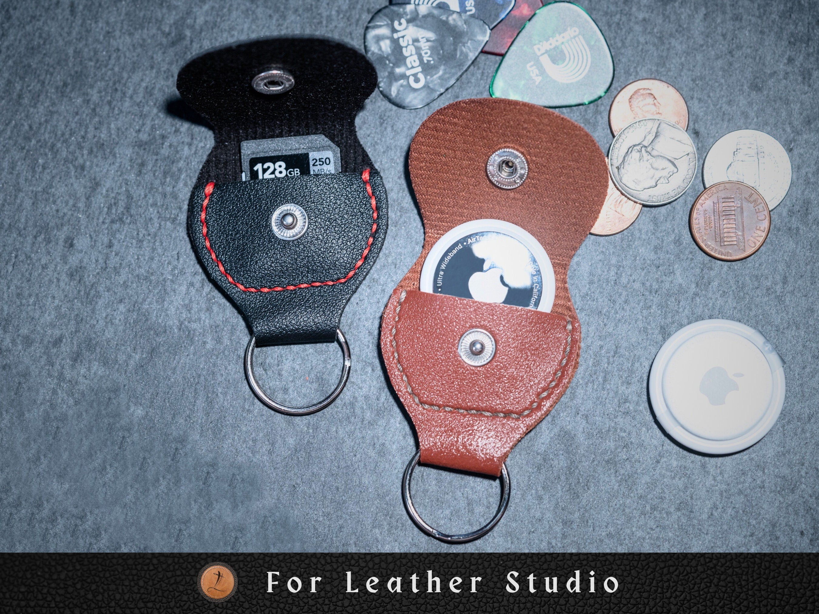 Pickie Guitar Pick Holder, Vegan Leather case with keyring, for AirTag, Quarter coin, SD card storage,  hang on bags, pet collar and camera.