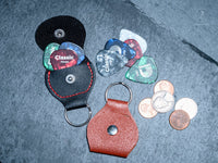 Pickie Guitar Pick Holder, Vegan Leather case with keyring, for AirTag, Quarter coin, SD card storage,  hang on bags, pet collar and camera.