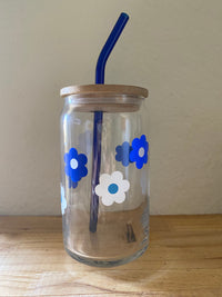 Blue and White Flowers Glass Can 16 oz.