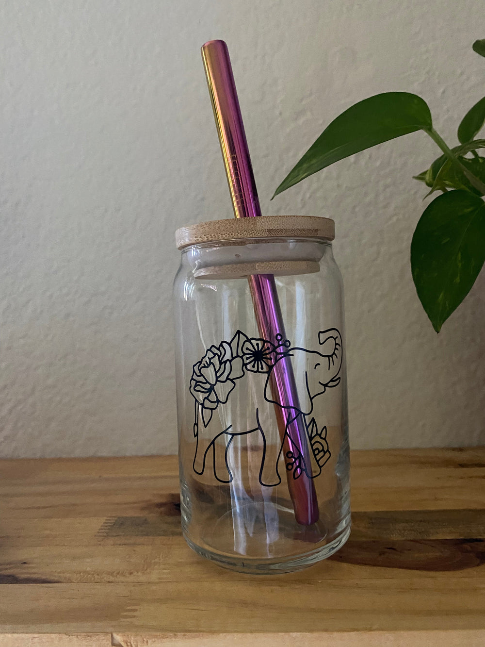 Elephant Floral Glass Can 16 oz.