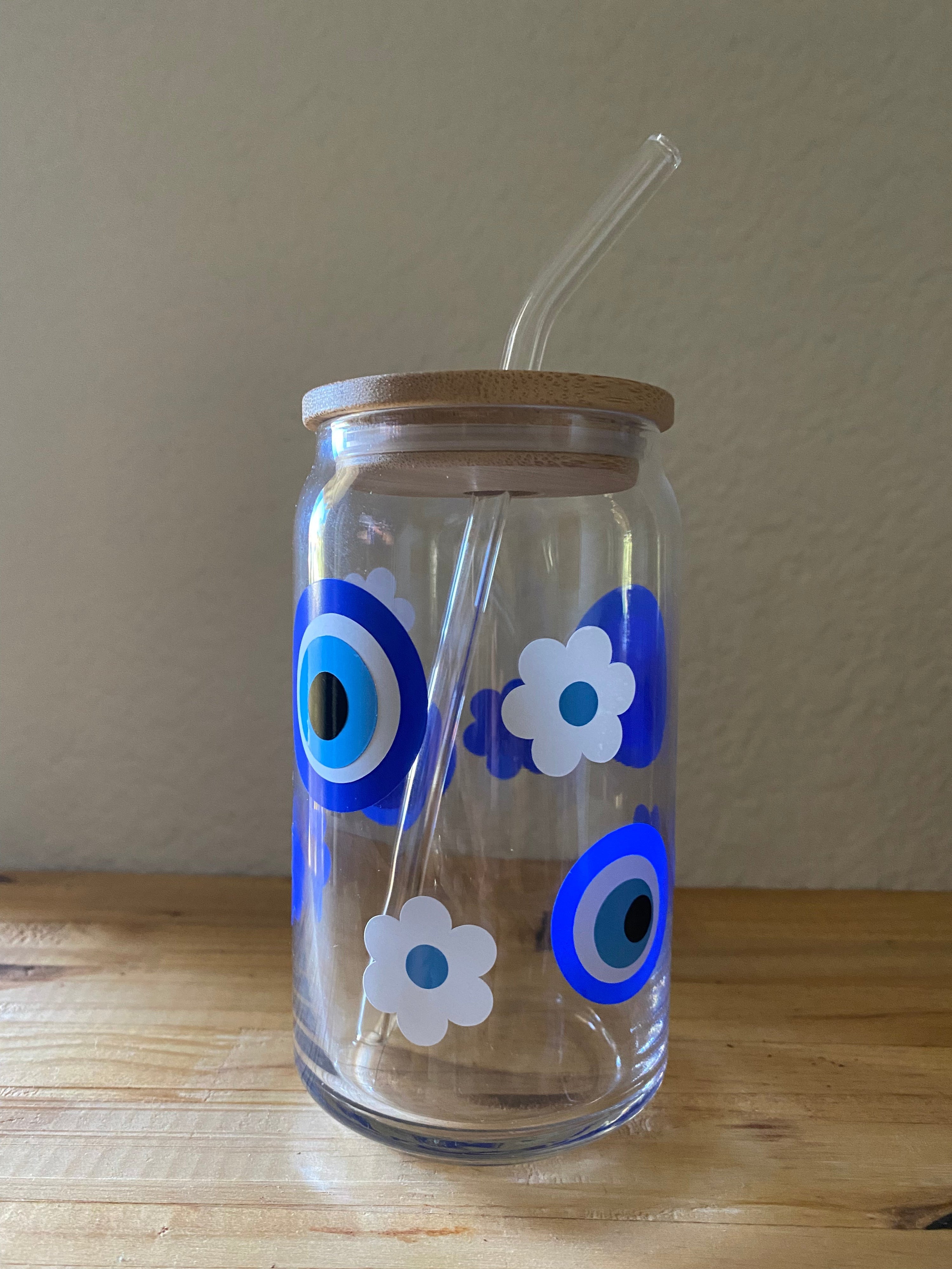 Evil Eyes with Flowers Glass Cans 16 oz.