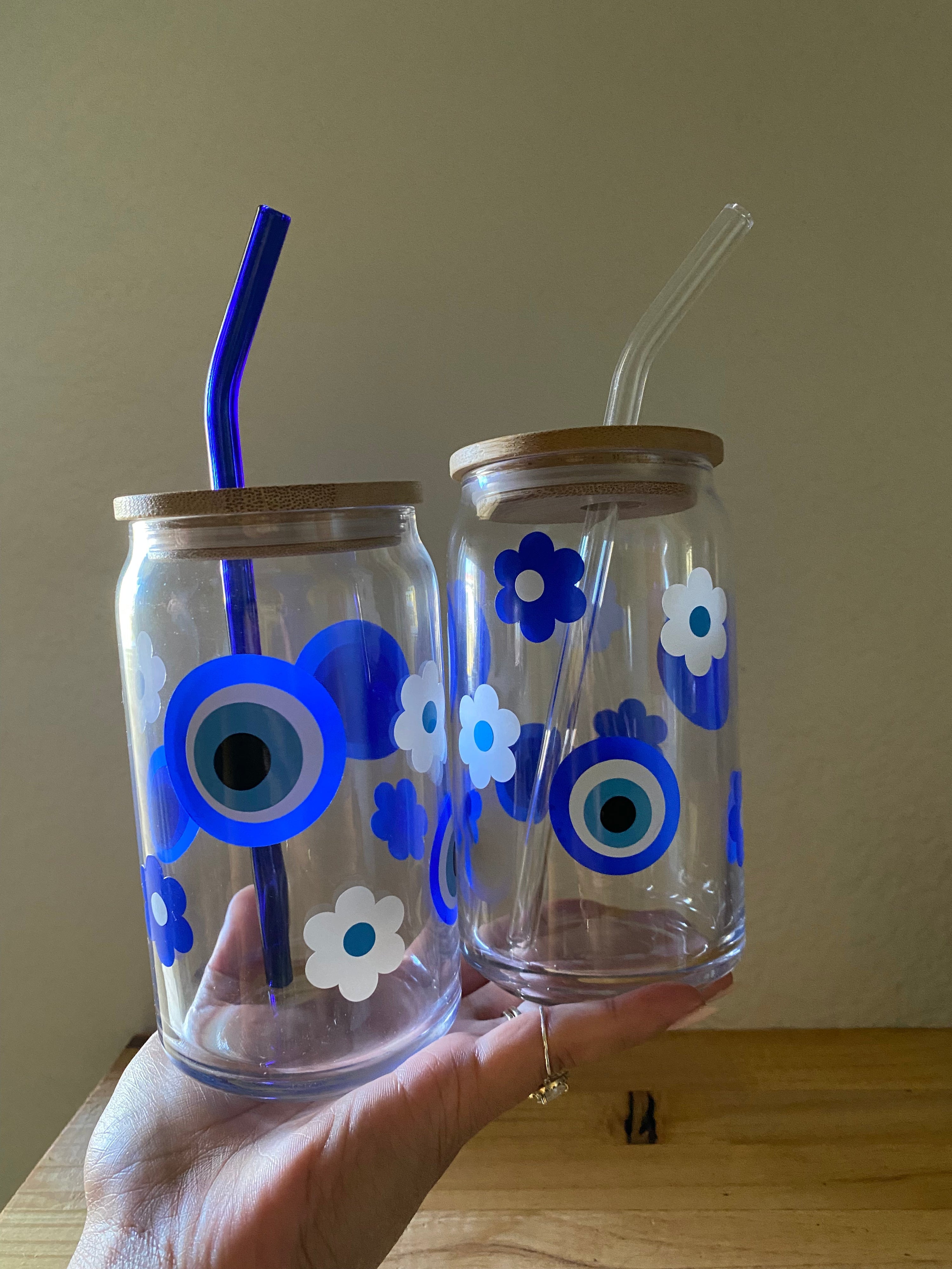 Evil Eyes with Flowers Glass Cans 16 oz.