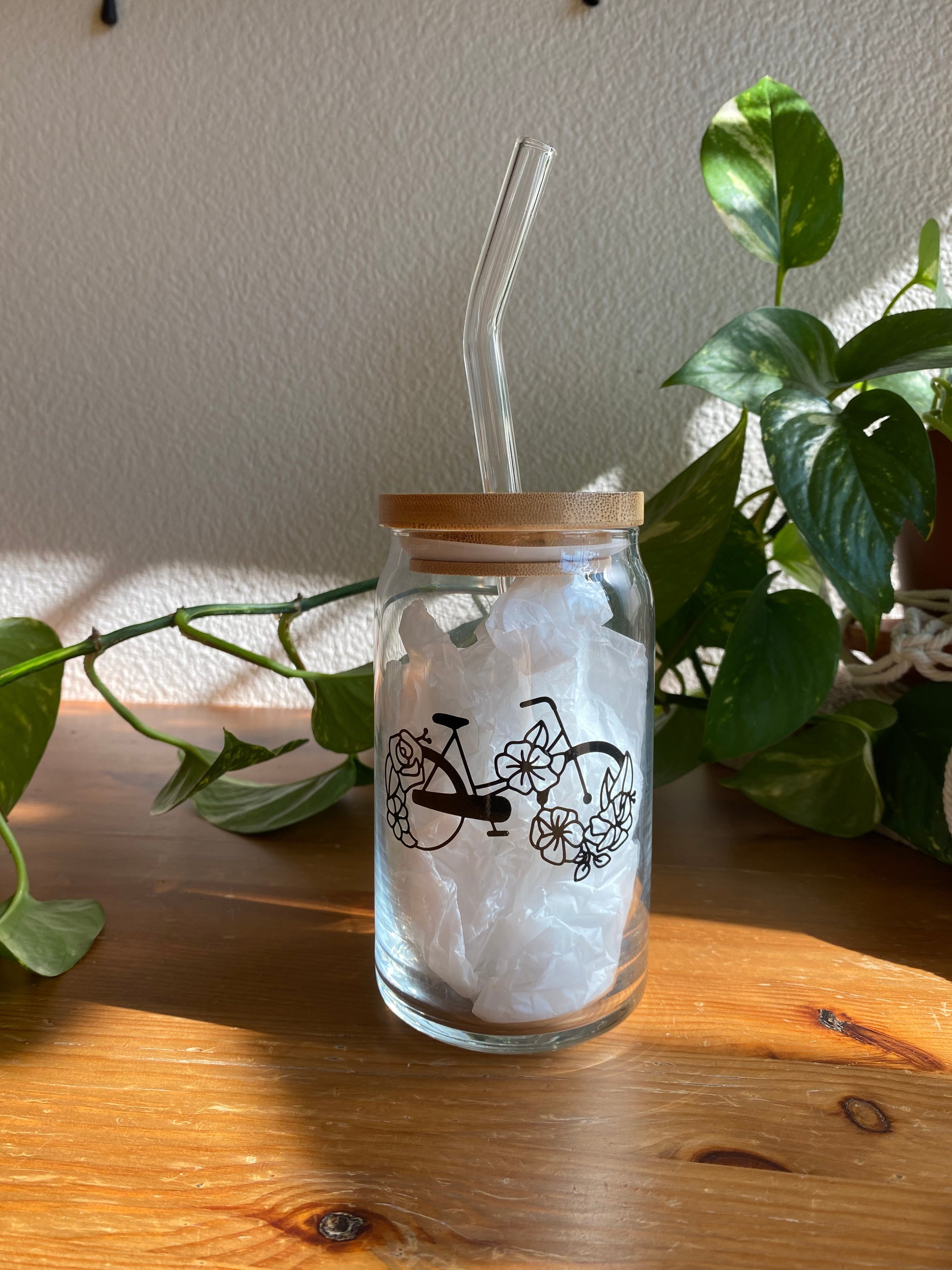 Floral Bicycle Glass Can 16 oz.