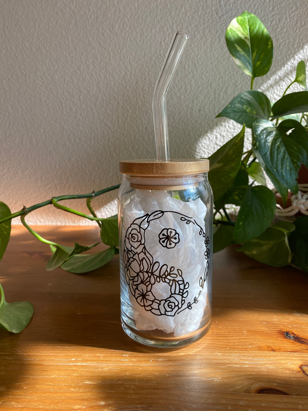 Floral Yin Yang Glass Can 16 oz.