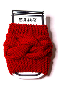 Red Knitted Cable Mason Jar Cozy, Glass Cup Sweater