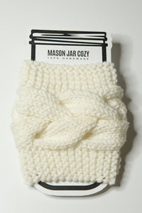 White Knitted Cable Mason Jar Cozy, Glass Cup Sweater