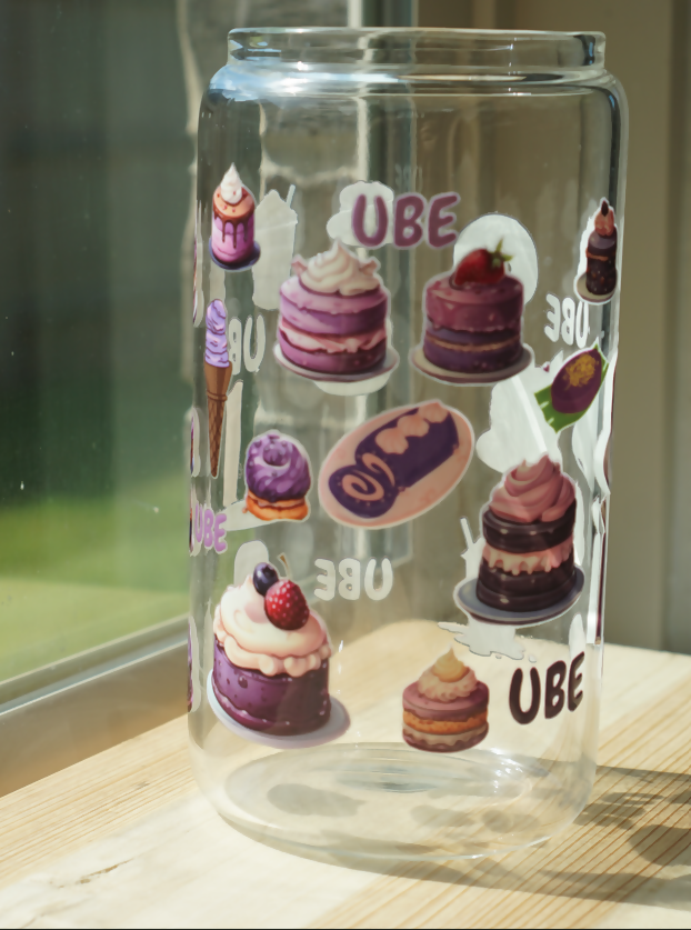 Ube themed glass can for iced coffee, iced tea, cold drinks