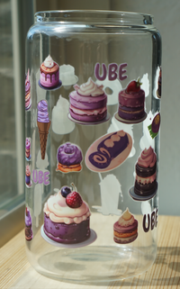 Ube themed glass can for iced coffee, iced tea, cold drinks