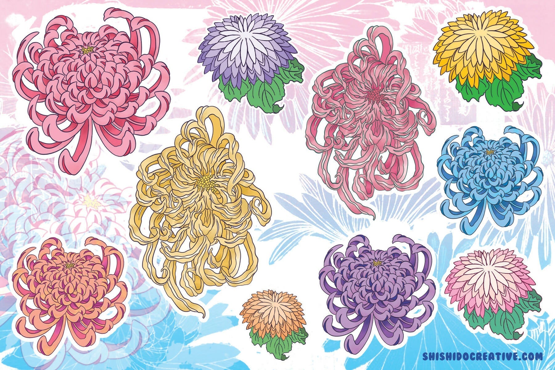 Japanese Chrysanthemum Florals Sticker Sheet • 4x6" Planner Stickers