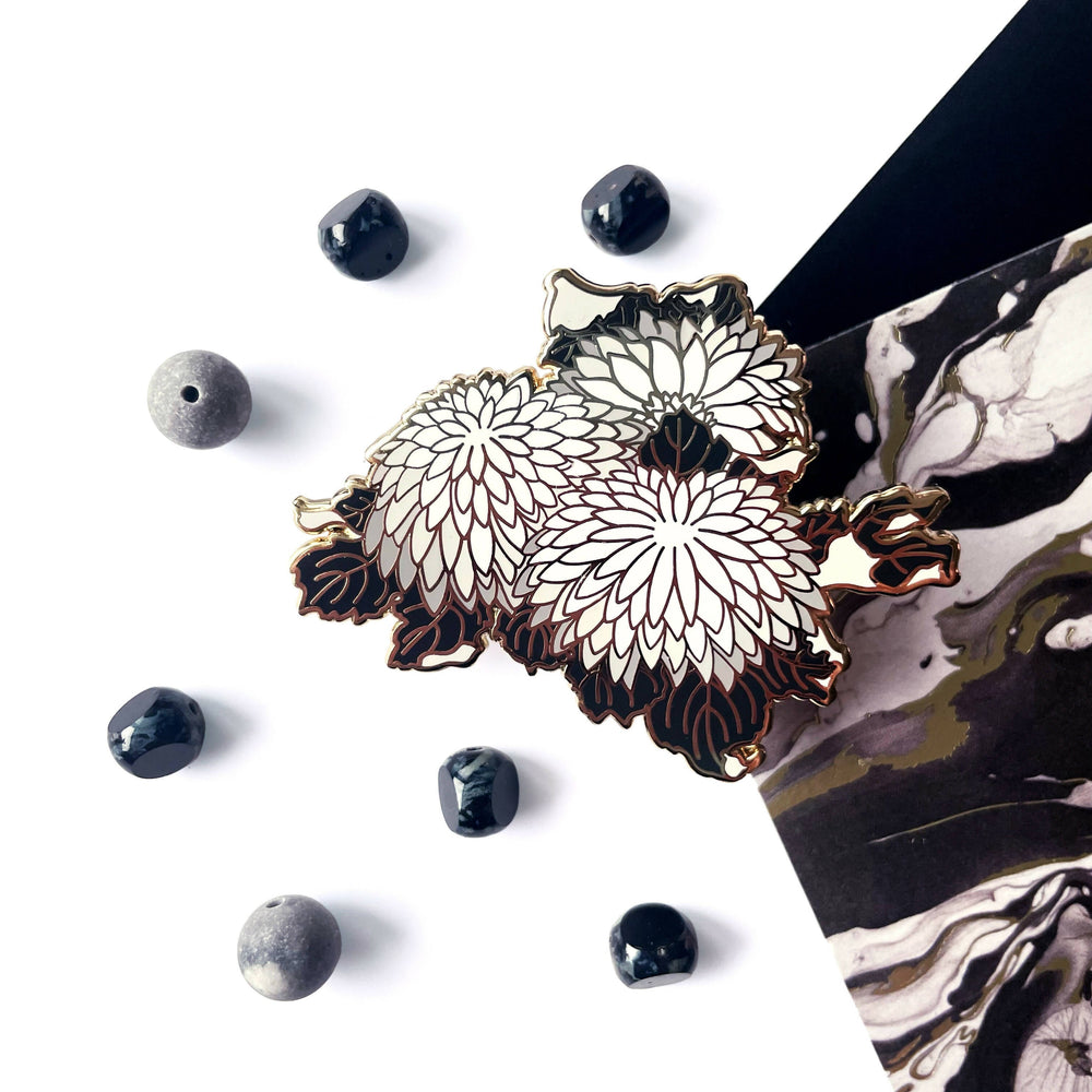 Pin Black & Grey Japanese Chrysanthemum Flowers Kiku Elegant • Enamel Pin
