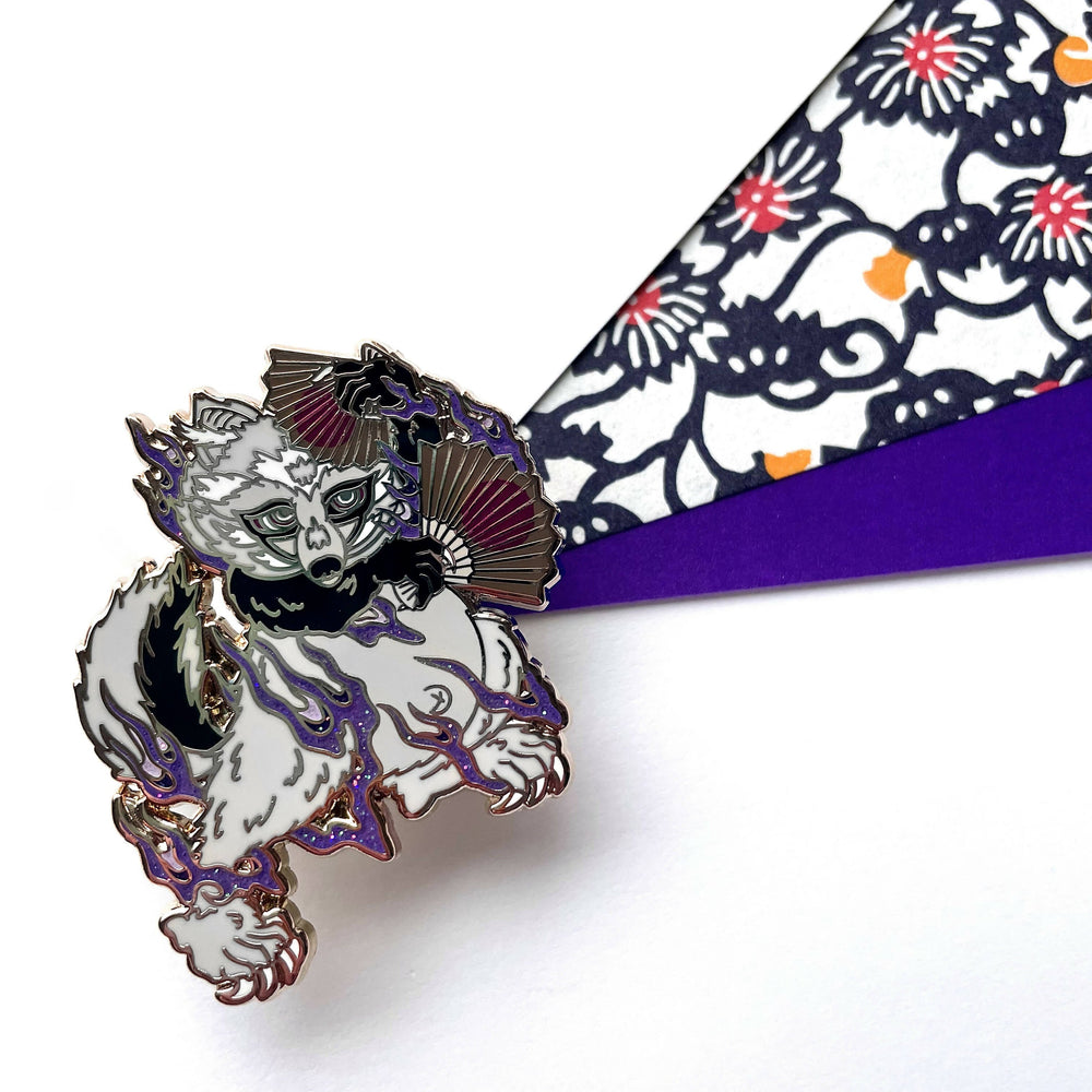 Pin Tanuki Traditional Japanese Purple Flame Raccoon • Enamel Pin