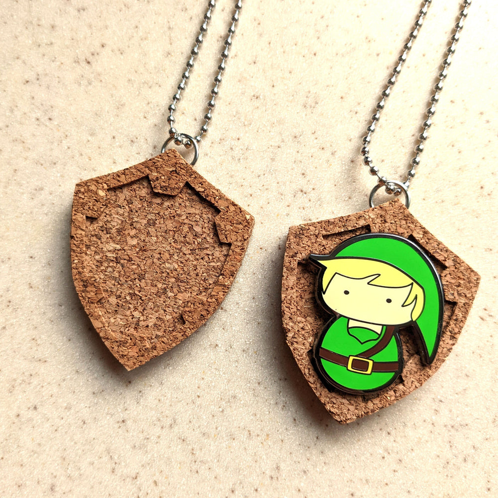 Link Shield Corkboard Enamel Pin 2" Pendant Display with ball Chain Necklace or Keychain