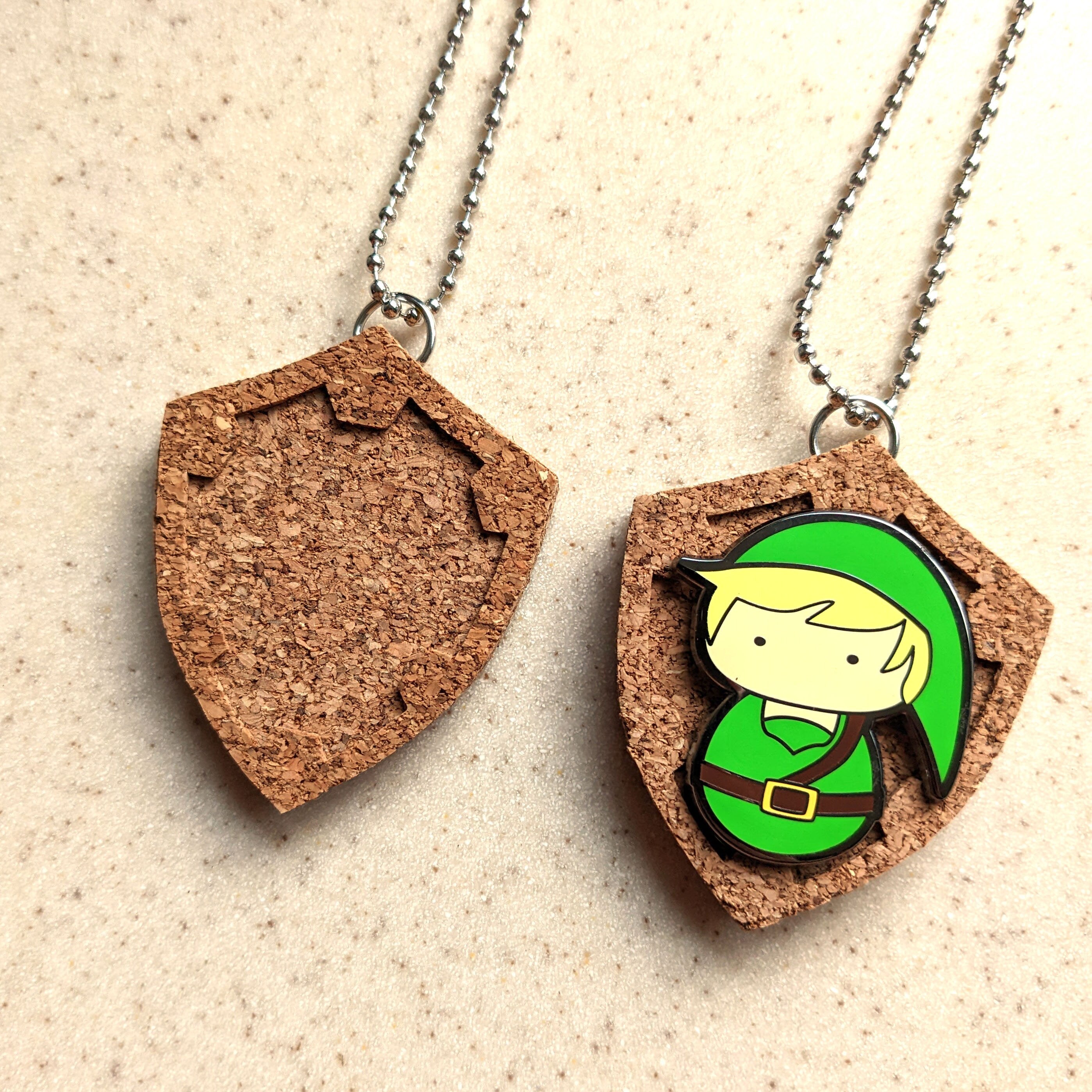 Link Shield Corkboard Enamel Pin 2" Pendant Display with ball Chain Necklace or Keychain