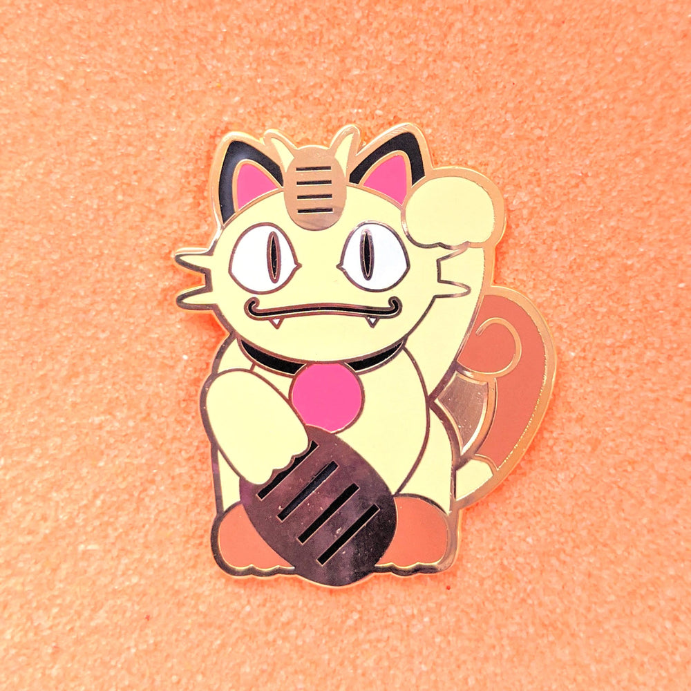 Maneki Neko Lucky Cat Meowth - 1.5" Enamel Pin Lapel Metal Badge