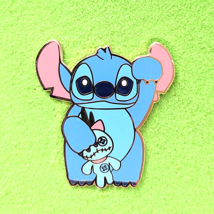 Maneki Neko Lucky Cat Stitch with Scrumpy - 1.5" Enamel Pin Lapel Metal Badge