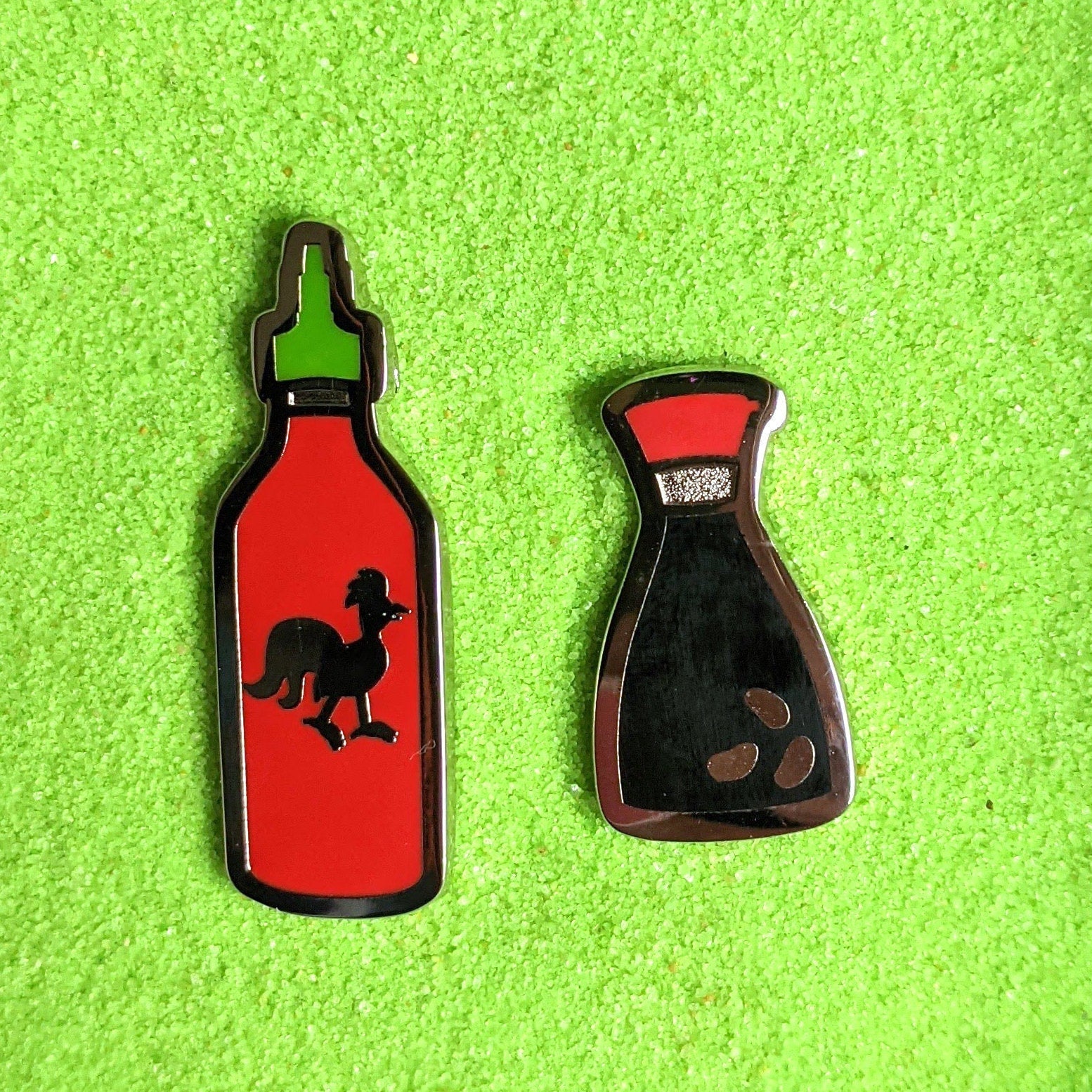 Soy Sauce and Sriracha - 2 Enamel Pins Lapel Metal Badge