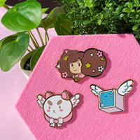 3 PIN BUNDLE - Cute Bee and Puppycat and Tempbot  Hard Enamel Gold Lapel Locking Clutches with FREE STICKERs Kawaii Cartoon Fanart by Dokino