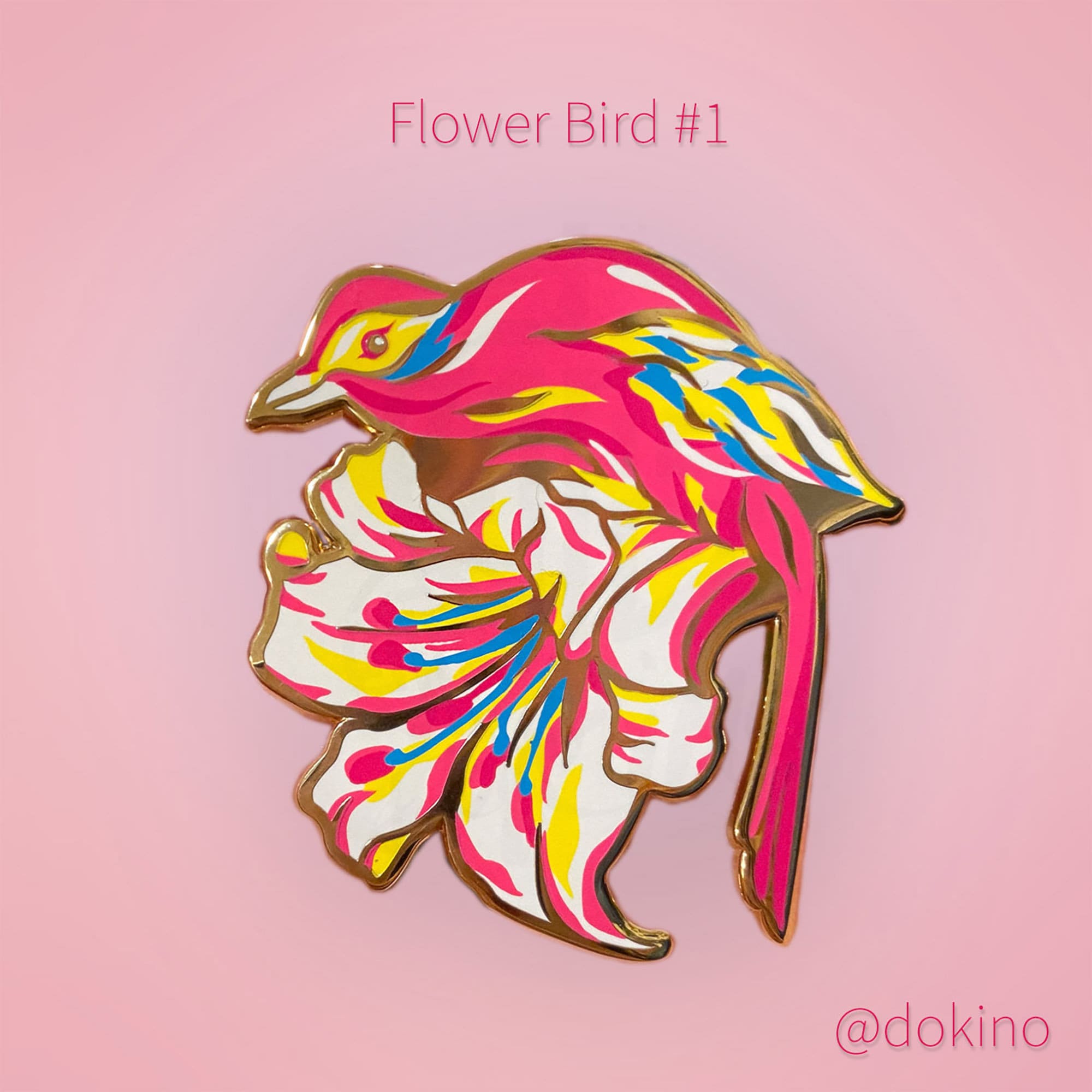 FLOWER BIRD #1 Beautiful Hard Enamel Large Lapel Pin Gift Gold Pink Floral Exotic Colorful Bright Feminine Gifts Women Dokino
