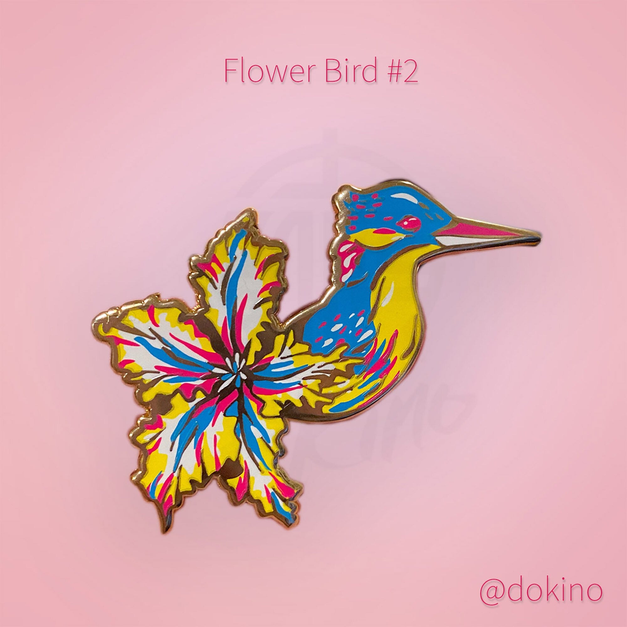 FLOWER BIRD #2 Beautiful Hard Enamel Large Lapel Pin Gift Gold Pink Floral Exotic Colorful Bright Feminine Gifts Women Dokino