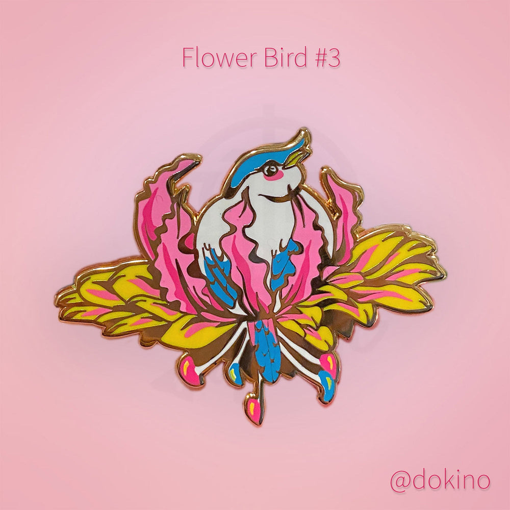 FLOWER BIRD #3 Beautiful Hard Enamel Large Lapel Pin Gift Gold Pink Floral Exotic Colorful Bright Feminine Gifts Women Dokino