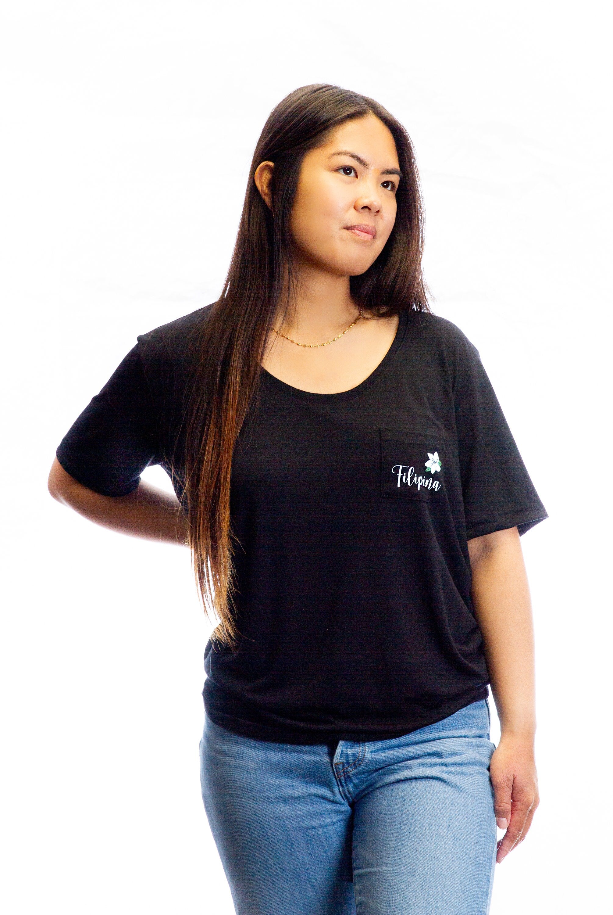 Filipina (with Sampaguita) Black Pocket Tee, Filipina T-Shirt, Pinay T-Shirt, Black Pocket T-shirt, Filipina Apparels, Filipino Apparels