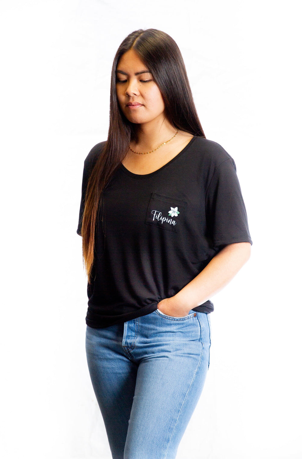 Filipina (with Sampaguita) Black Pocket Tee, Filipina T-Shirt, Pinay T-Shirt, Black Pocket T-shirt, Filipina Apparels, Filipino Apparels
