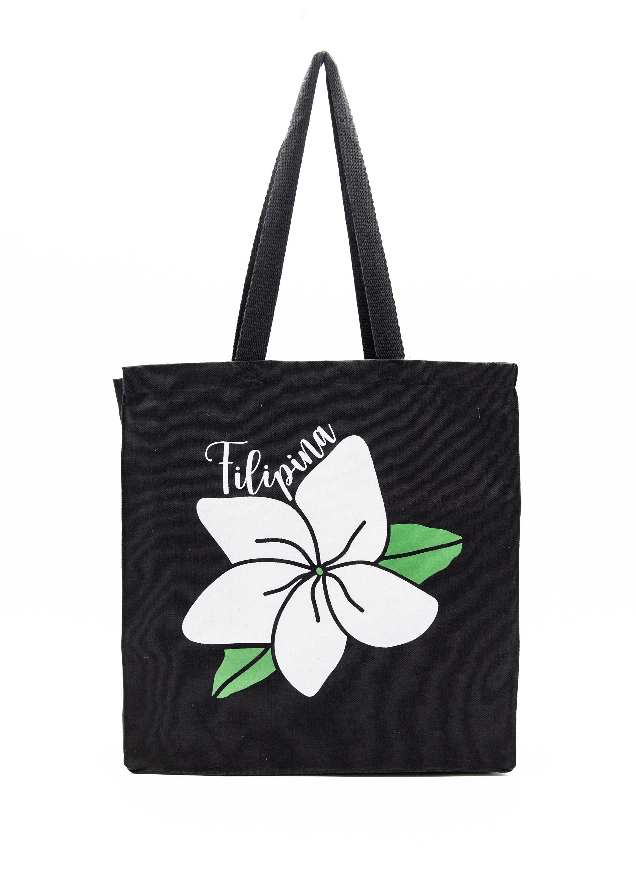 Sampaguita Flower Tote Bags, Filipino Tote Bags, Filipina, Shopping Bag, 14x15 Tote Bag, Natural/Black