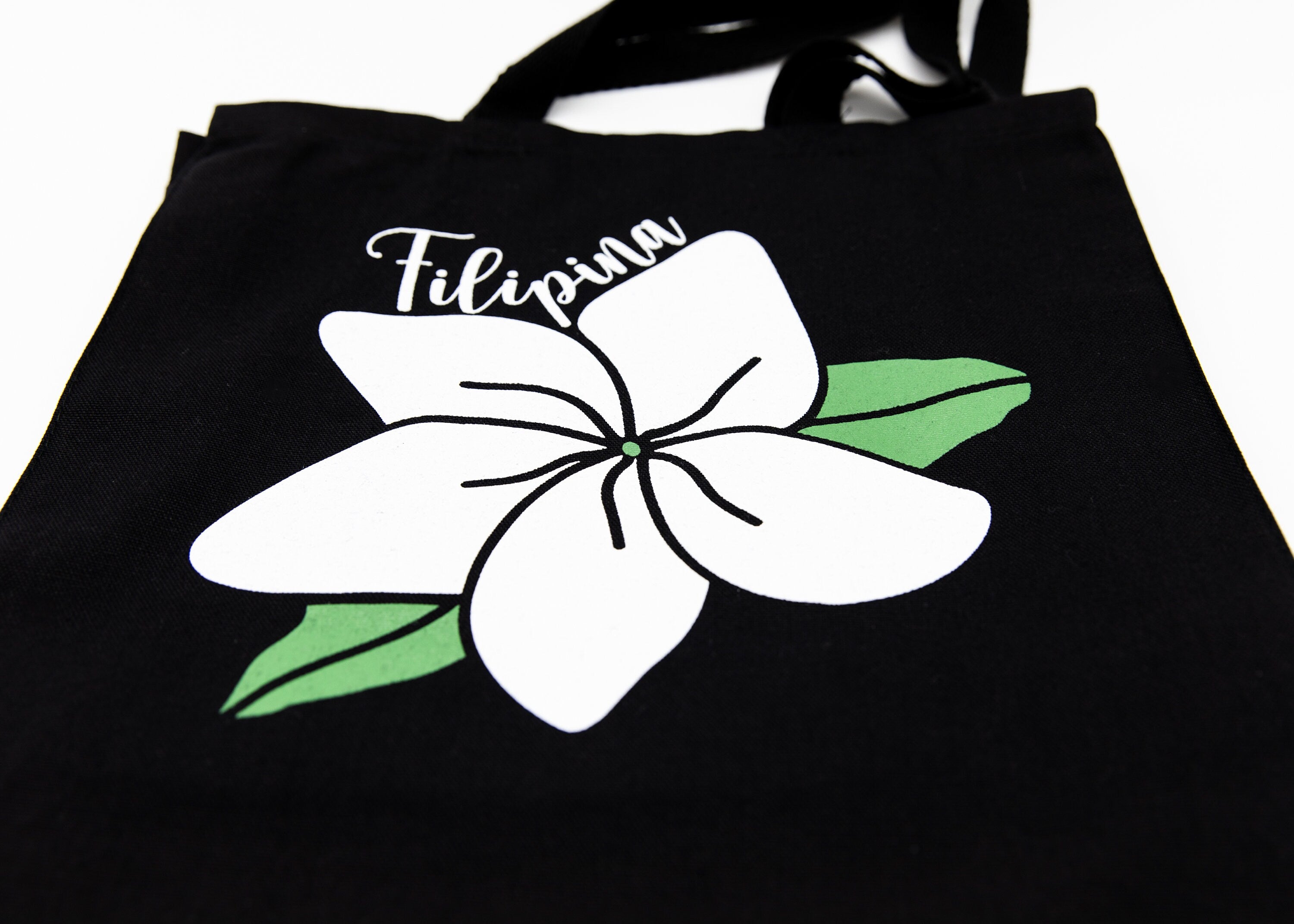 Sampaguita Flower Tote Bags, Filipino Tote Bags, Filipina, Shopping Bag, 14x15 Tote Bag, Natural/Black