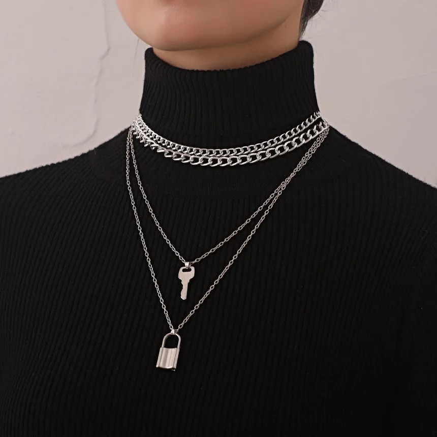 YASIN Layered Lock & Key Pendant Necklace + Layered Chain Choker Set of 2