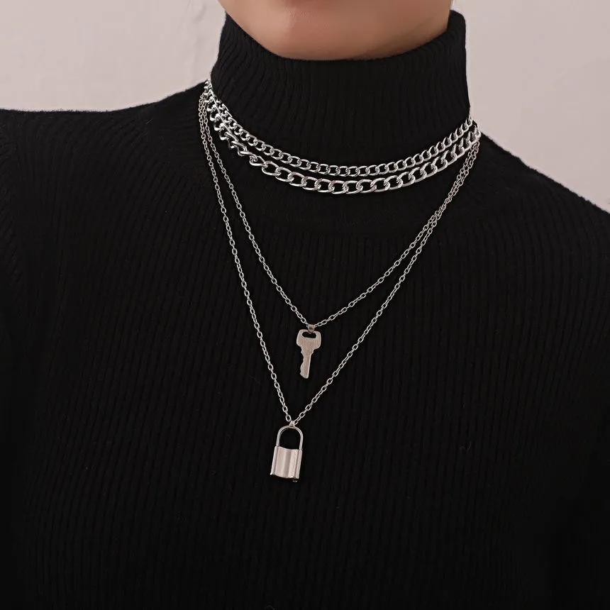 Buy Lock Key Pendant Necklace Statement Long Chain Punk Multilayer Choker  Necklace for Women Men (Silver Tone) at Amazon.in