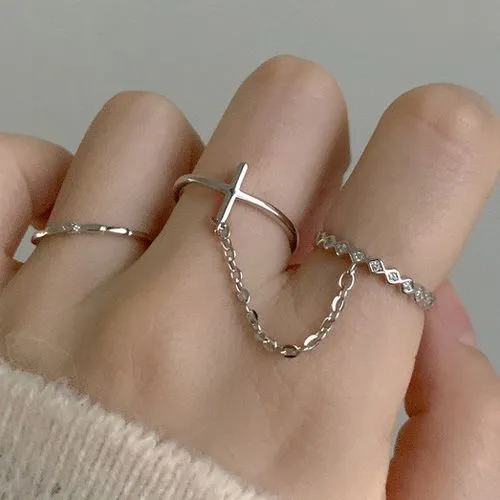 CatSoul Chained Double Ring + Rhinestone Ring Set of 2