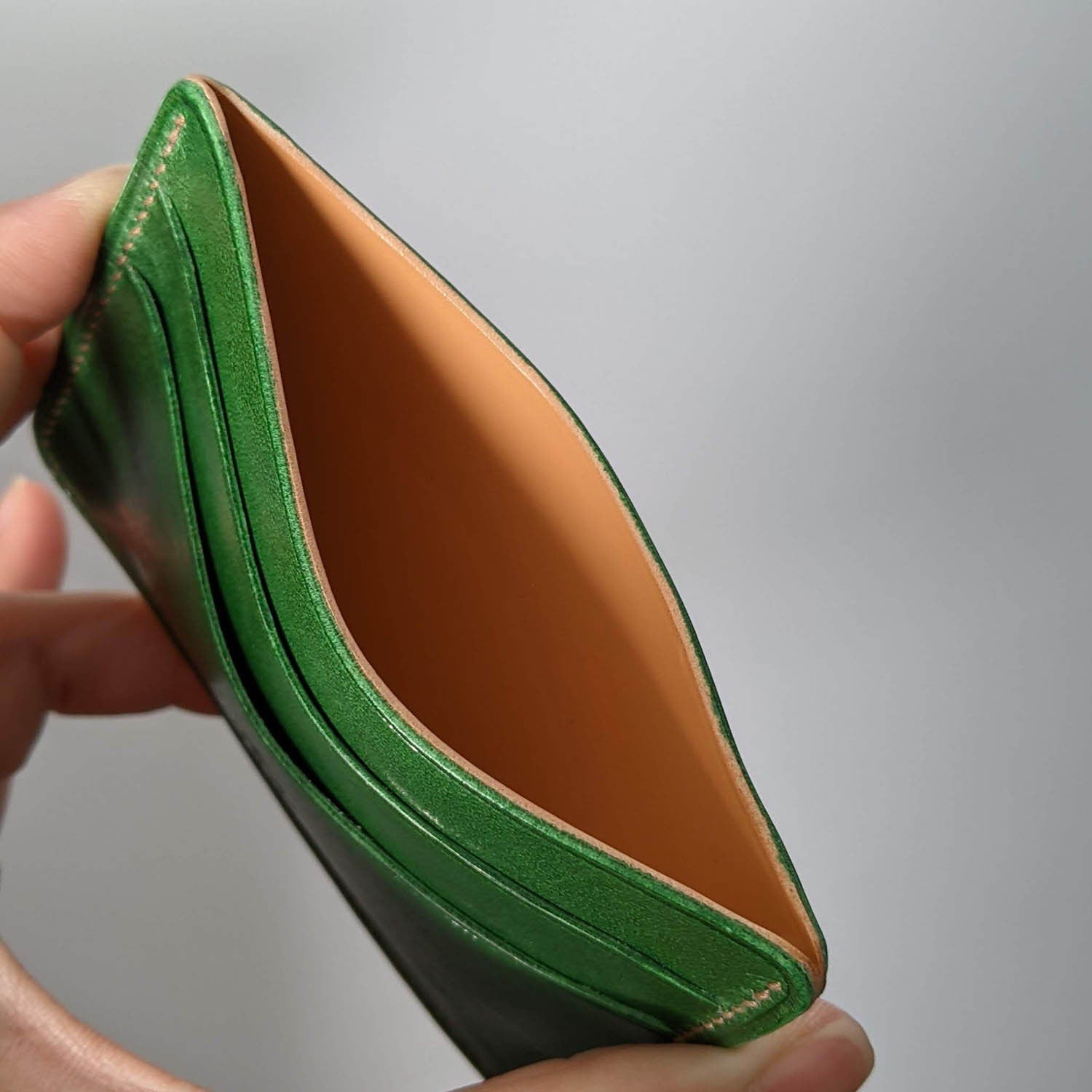 Made to Order Emerald Green and Natural Vegetable Tanned Italian Leather Minimalist Card Wallet Front Pocket Holder Brown Thread Hand Made