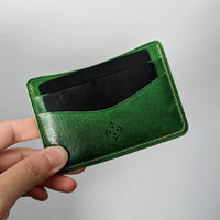 Made to Order Emerald Green and Natural Vegetable Tanned Italian Leather Minimalist Card Wallet Front Pocket Holder Brown Thread Hand Made