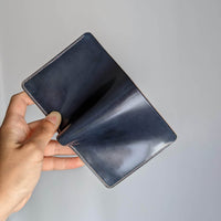 Made to Order Shell Cordovan Handmade Pocket Organizer Bifold Vertical Wallet Navy Blue and Natural Italian Vegetable Tanned Leather