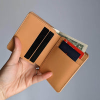 Made to Order Shell Cordovan Handmade Pocket Organizer Bifold Vertical Wallet Navy Blue and Natural Italian Vegetable Tanned Leather