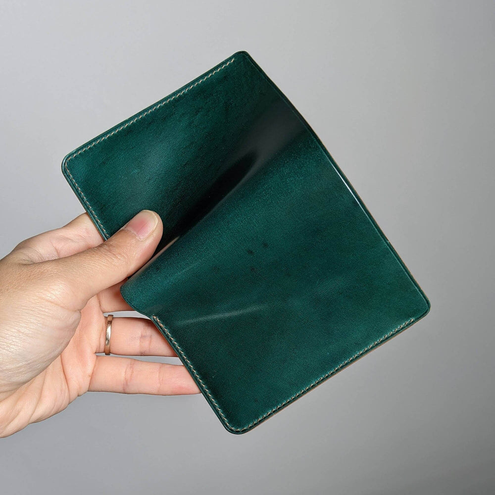 Handmade Shell Cordovan 4 Card Slot Bifold Turquoise Teal Natural Vegetable Tanned Leather from Italy with Brown Thread Ready to Ship