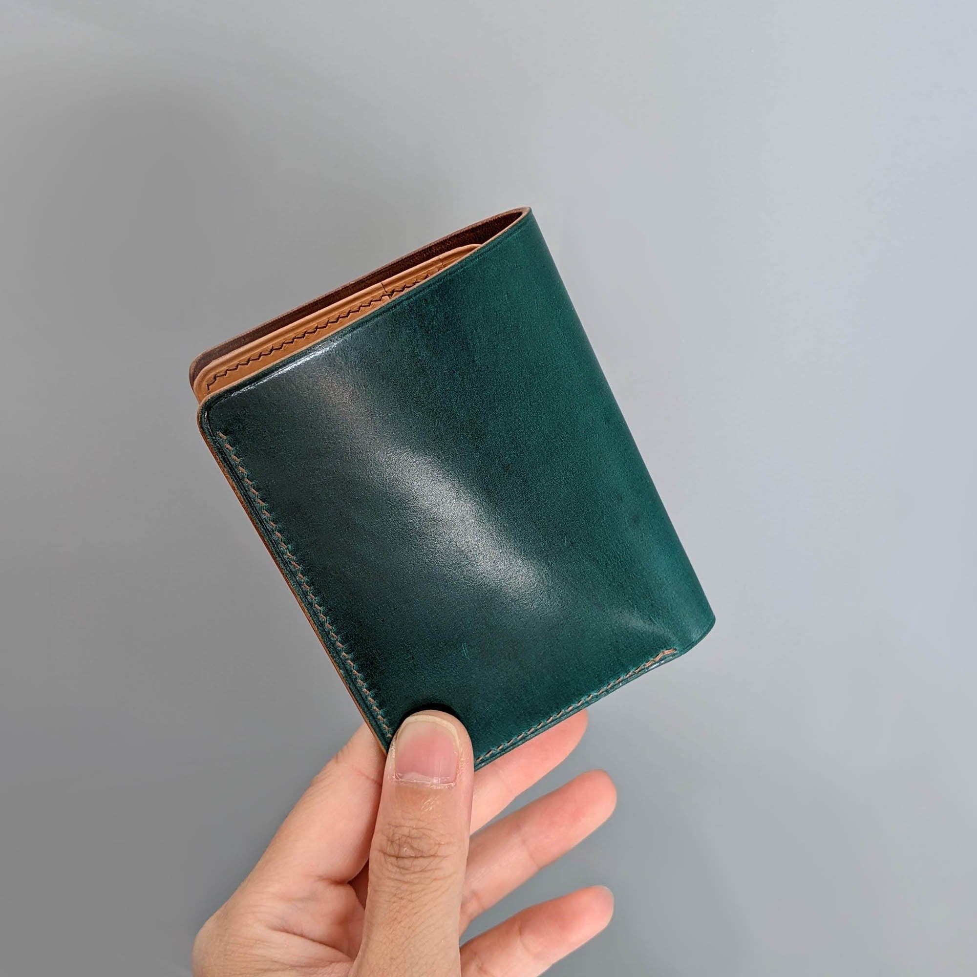 Handmade Shell Cordovan 4 Card Slot Bifold Turquoise Teal Natural Vegetable Tanned Leather from Italy with Brown Thread Ready to Ship