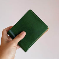 Made to Order Emerald Green and Natural 6, 8 Card Slot Traditional Bifold Wallet Handmade with Italian Vegetable Tanned Leather Brown Thread