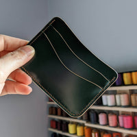 Made to Order Shell Cordovan Handcrafted Minimalist Card Wallet 3 Pockets Emerald Green Brown in Japanese Shell and Italian Pueblo Leather