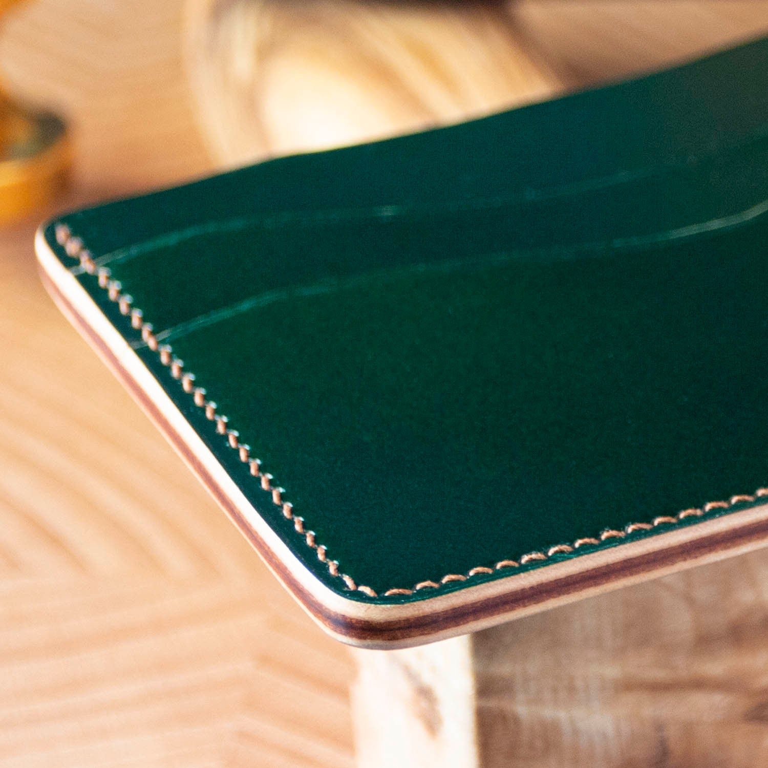 Made to Order Shell Cordovan Handcrafted Minimalist Card Wallet 3 Pockets Emerald Green Brown in Japanese Shell and Italian Pueblo Leather