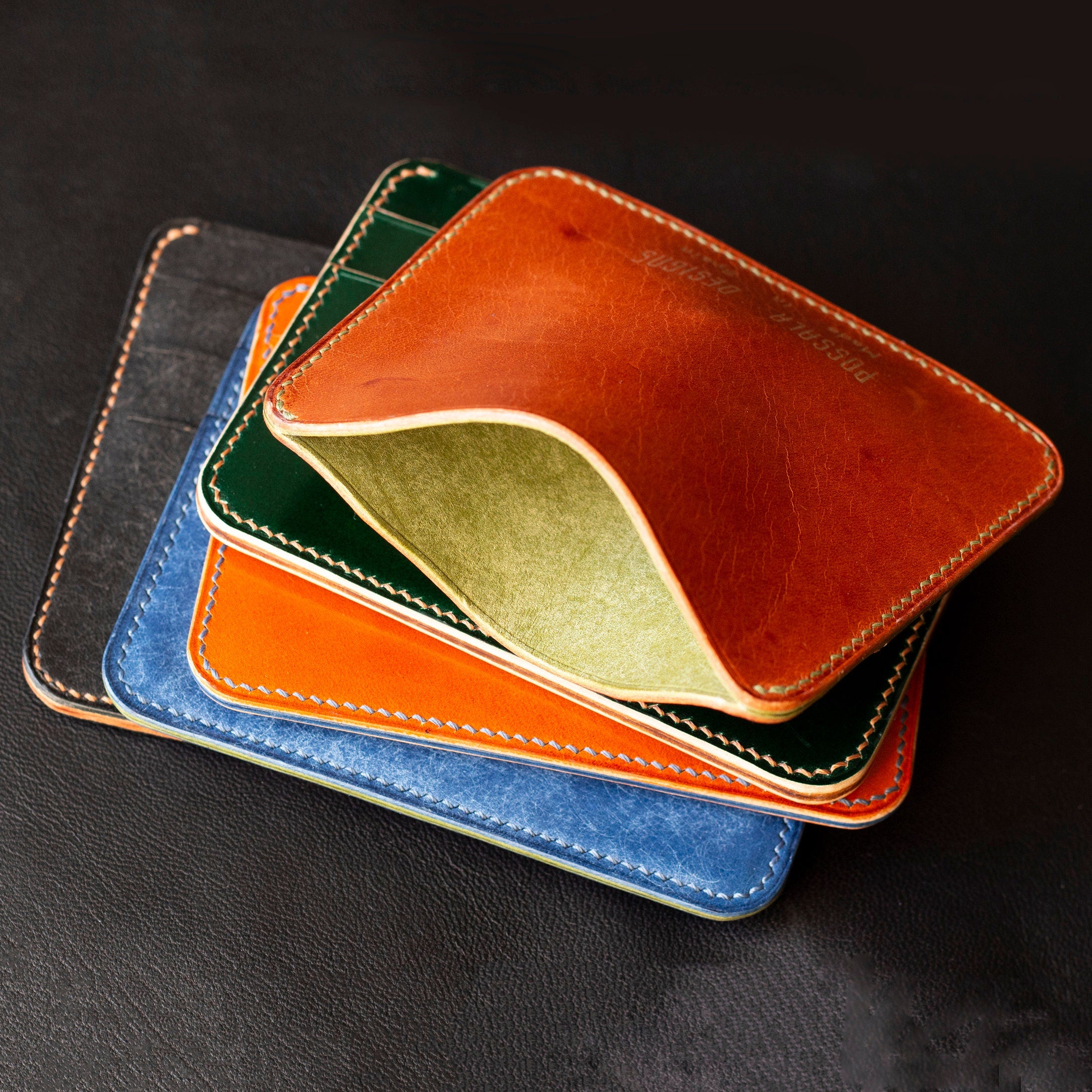 Minimalist Leather Card Wallet 3 pockets Orange and Blue Vegetable Tanned Italian Leather, Handmade Card Holder in Spain Handcrafted