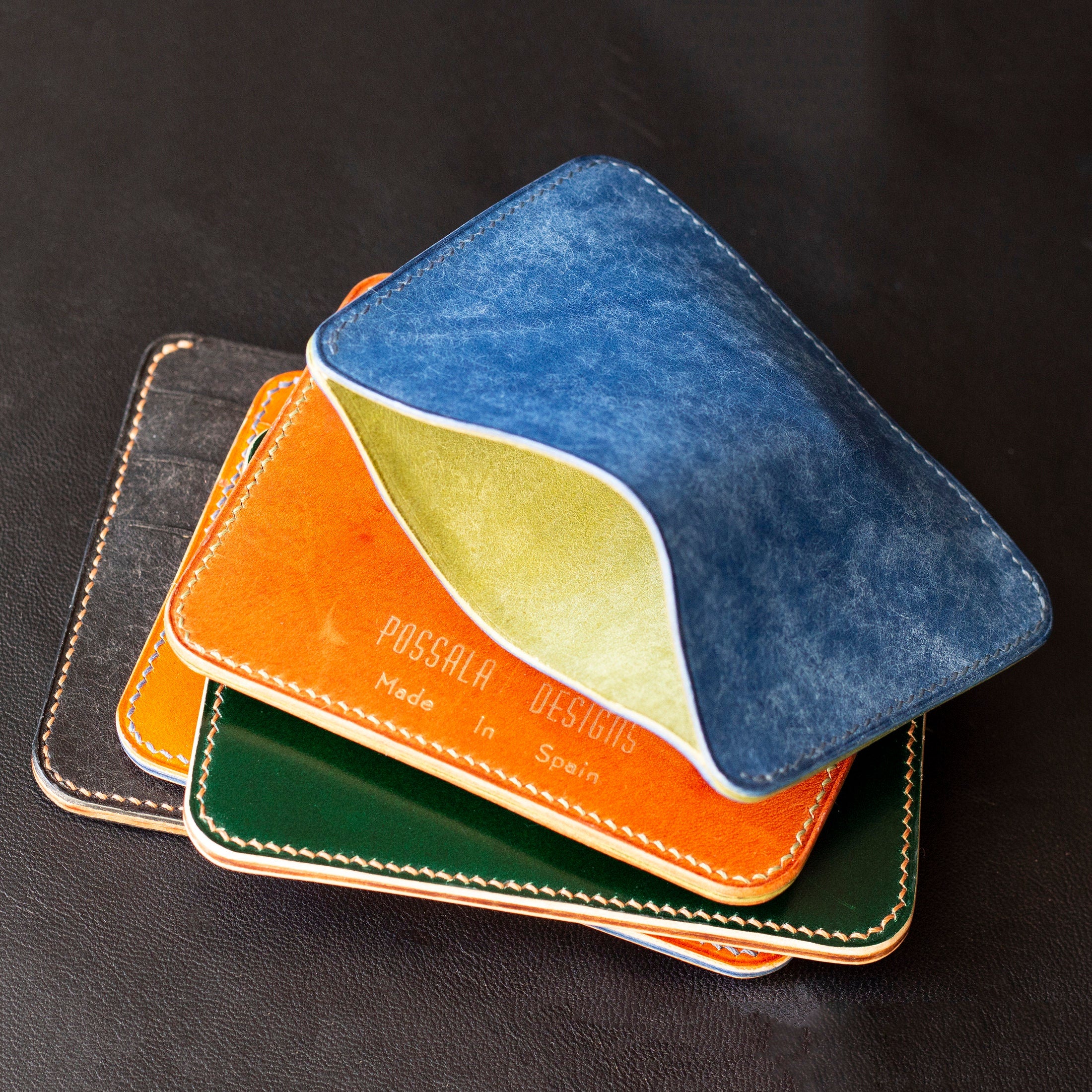 Minimalist Leather Card Wallet 3 pockets Orange and Blue Vegetable Tanned Italian Leather, Handmade Card Holder in Spain Handcrafted