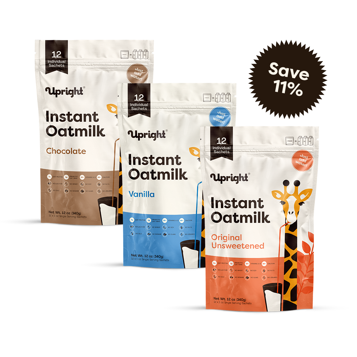 3 Pack Upright High-Protein Instant Oatmilk - Variety 3 Pack (Single Serving Format)